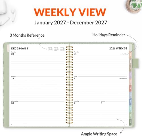 SUNEE 2027 Weekly & Monthly Planner 9"x11.2"- 12 Month (January 2027 - December 2027), Vegan Leather Cover, Pocket, Bookmark, Notes, Monthly Tab, Sage Green
