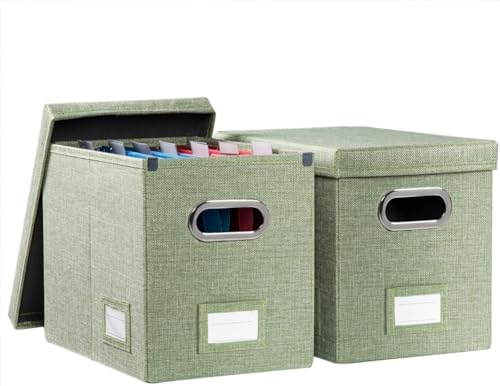 PRANDOM File Organizer Box - Set of 2 Collapsible Decorative Linen Filing Storage Hanging File Folders with Lids Office Cabinet Letter Size Green (14x9.3x10.8 inch)