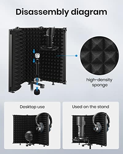 Moukey Microphone Isolation Shield, Foldable Mic Shield with Triple Sound Insulation, Reflection Filter with 3/8" and 5/8" Mic Threaded Mount for Recording Studio, Podcasts, Singing, and Broadcasting
