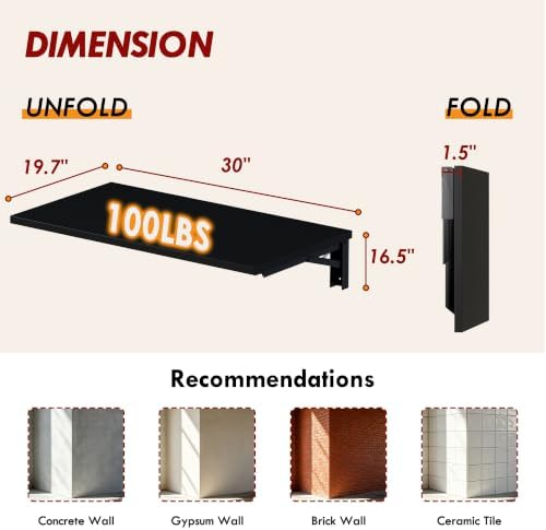 Need 30x20IN Wall Mounted Folding Table for Office Laundry Black