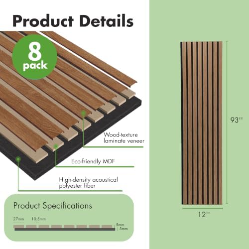 Art3d 8-Pack 12" x 93" Soundproof Wood Slat Panels, 62 sq.ft Acoustic Wall Panels, 3D Wall Panels with Wood Slat Design, Decorative Wood Wall Panel for Accent Walls-Deep Walnut