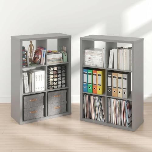 Furinno Cubicle Book Shelf Set of 2, 6-Cube Bookshelf, Light Grey
