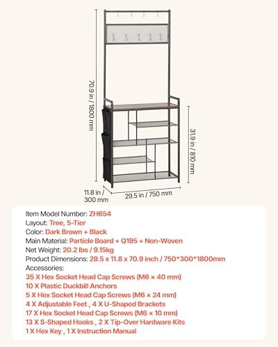 VEVOR Hall Tree, 70.9 in Coat Rack with Shoe Storage, Freestanding 4-Tier Shoe Rack Organizer with Hooks, Side Pocket and Wire Shelf, Steel Frame Entrance Coat Holder for Entryway, Bedroom, Closet