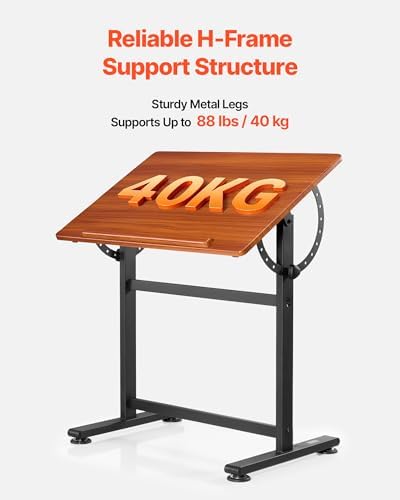 VEVOR Drafting Table, Adjustable 0°–90° Tilt Drawing Desk, Portable Artist Table with Black H-Frame and Brown Desktop, Wooden Painting Desk Craft Workstation for Reading, Writing, Crafting, Meeting