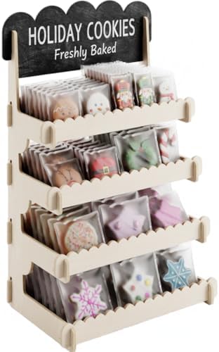 HOTCAN Wooden Cookie Display Stand with Chalkboard Sign for Bakers, Vendors, Craft Fairs | Pastry Display for Market Booths & Events | 4 Tiered Cookie Display for Muffins, Cakes, and Pastries(Natural)