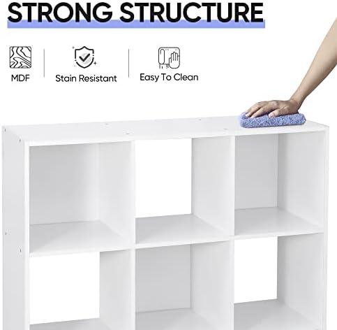 JupiterForce 9 Cube Storage Organizer, Wooden Cube Shelf W/ 5 Removable Back Panels, Customizable Cube Bookcase Bookshelf Freestanding Display Shelf for Home, Office, Bedroom and Living Room (White)