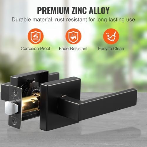 VEVOR Passage Door Handle, 1-Pack Matte Black Interior Door Lever, Left or Right Reversible Non-Locking Handle Lever, 45° Rotation to Open, Square Door Handles for Hallways, Closets, Meeting Spaces