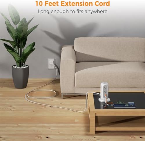 TESSAN Tower Power Strip Flat Plug with 1050J Surge Protection, 10 Ft, Grey