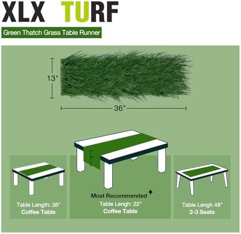 XLX TURF 13" x 36" Shaggy Fake Grass Table Runner for Hawaiian Party Summer Decor, Fireproof Green Thatch Palm for Wedding, Jungle Safari Wild One Birthday, Baby Shower