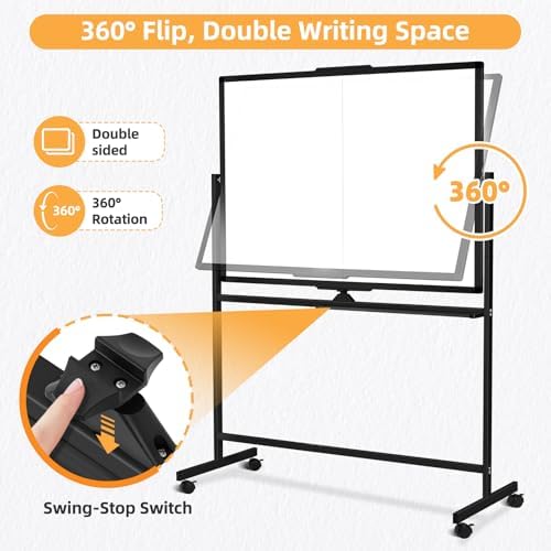 Rolling Dry Erase Whiteboard Stand, 48" x 36" White Board on Wheels Black