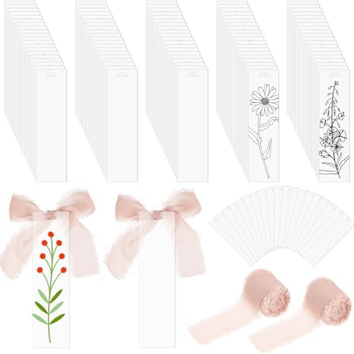 Yeaqee 100 Pcs Rectangle Shaped Clear Acrylic Bookmark Blanks with Ribbon