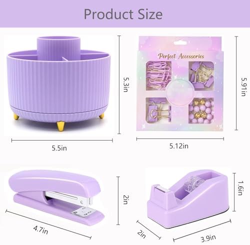Office Supplies,School Supplies,Purple Desk Accessories,Desk Organizer,Scissors,Stapler,Tape Dispenser,Binder Clips,Staples,Staple Remover,Sticky Notes,Clear Tape,Pen,Ruler,Best Gift,11pcs