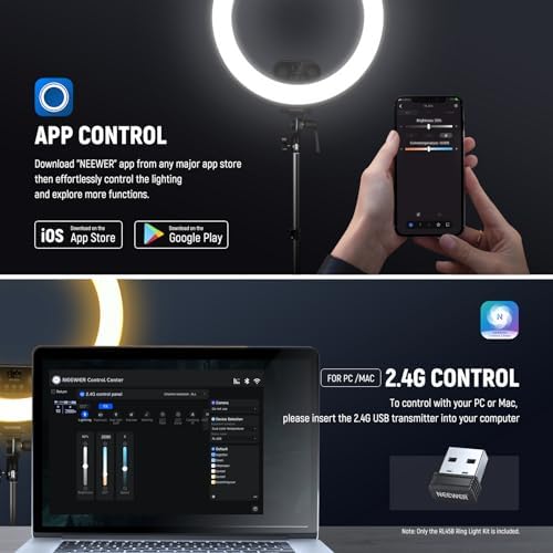 NEEWER 18 Inch Edge Lit Ring Light with Tripod Stand Phone Holder Compatible with iPhone for Video Recording Selfie Makeup Studio Streaming, 45W 2900-7000K APP 2.4G Control Ringlight Lighting, RL45B