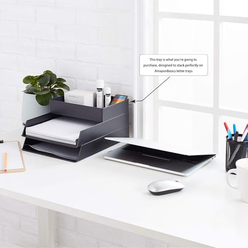 Amazon Basics Rectangular Plastic Desk Organizer with Storage Trays, Accessory Tray for Office Supplies and Pen Holder, 9.4 x 6.7 x 2 inch, Black (Pack of 2)