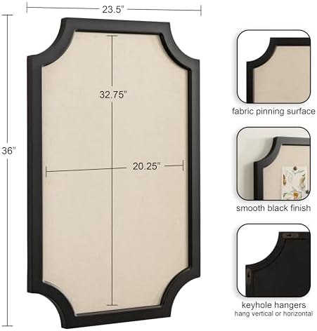 Hogan Framed Scalloped Decorative Wall Pinboard; Black; 24 x 36; Rustic Modern Farmhouse Bulletin Board for Wall Organization and Decorative Displays