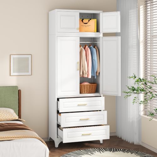 SteeLoong 86" Metal Wardrobe Cabinet,Armoire Wardrobe Closet with 3 Drawers