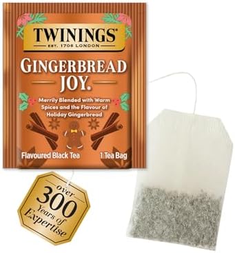 Twinings Gingerbread Joy Black Tea Individually Wrapped Bags, 20 Count (Pack of 3), Ginger & Cinnamon, Caffeinated, Enjoy Hot or Iced | Packaging May Vary