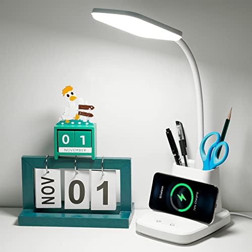 Upgraded 10W Wireless Charging LED Desk Lamp with Pen Holder, White