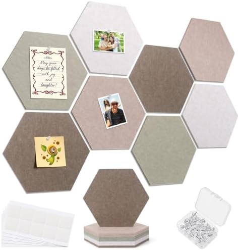 Hexagon Cork Board for Walls Decor, 8 Pack Felt Bulletin Board Tiles with 30 Pushpins, 50 Adhesive Tabs, 12" Pin Board Felt Board for Office & Home Classroom, Notes Photos and DIY Decor