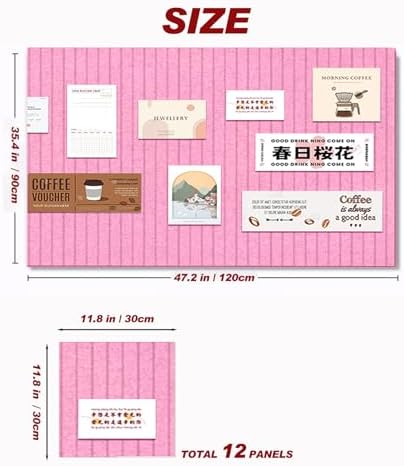 Large Felt Wall Tiles Cork Boards for Office Cubicle, 47"x35" Felt Photos Board Bulletin Tiles Pin Board for Walls Home Decor, Noise Reduction Boards Panels for Notes Memos, 12-Pack, Pink