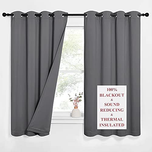 NICETOWN Noise Reduction Blackout Curtains, Thermal Insulated Full Blackout 3-Layer Lined Drapes, Energy Efficiency Window Draperies for Bedroom (Grey, 2 Panels, 52-inch W by 63-inch L)