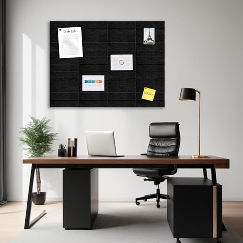 12 Packs Black Felt Pin Board, Large 12" Bulletin Board with 30 Push Pins, Felt Board Slat Wall Paneling for Office Home Kitchen, Self-Adhesive Corkboard Tiles for Classroom Message Photos Memos