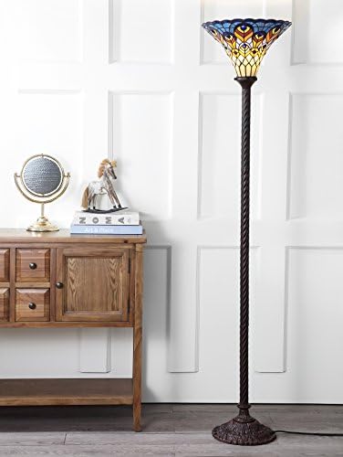 JONATHAN Y Peacock Tiffany-Style Stained Glass Torchiere Lamp 70", Bronze