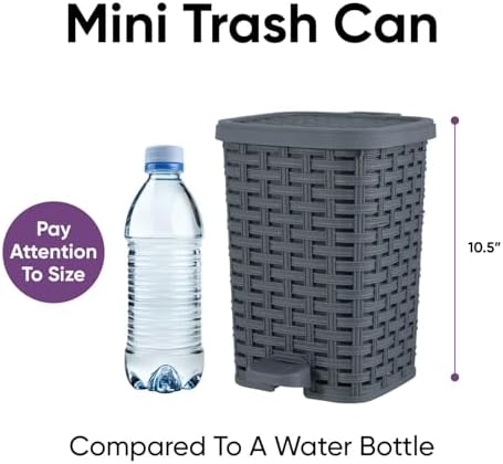 Superio Mini Trash Can with Foot Pedal Small Outdoor Garbage Can with Lid, 1.5 Gallon Plastic Waste Basket for Bathroom, Bedroom, Kitchen, Office, Patio (Wicker Grey 6 QT.), 2 Pack