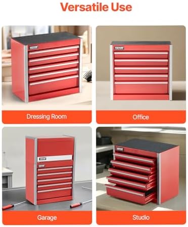 VEVOR Metal Tool Box, 8.6-inch, Portable Metal Tool Box with 5 Drawers, Small Tool Chest with EVA Liners and PP Feet Pads, Heavy-Duty Steel With Ball Bearing Opening and Powder Coated Finish, Red