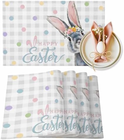 Easter Placemats Set of 6, Floral Bunny Place Mats Washable Dining Table Mats Spring Holiday Party Decor for Kitchen&Linens Outdoor Indoor, Polka Dots Grey Buffalo Plaid