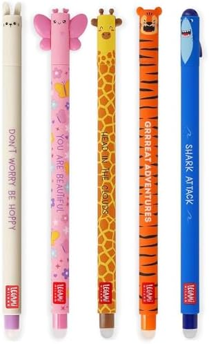 LEGAMI - Set of 5 Erasable Gel Pens with Thermosensitive Erase Ink, Range of ink colours & barrel designs, 0.7mm Tip, Bunny, Butterfly, Giraffe, Tiger, & Shark