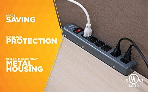 Southwire Woods Metal Surge Protector - 6 Outlets - Lighted Circuit Breaker Switch - 900J Electrical Overload Protection - 3 Foot Cord - Dark Gray