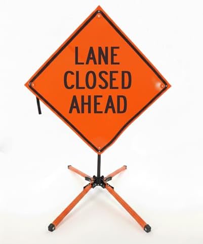 Traffic Roll-Up Sign Kit with Stand – Collapsible Safety Sign & Heavy-Duty Portable Stand, High Visibility, Easy Setup (Lane Closed Ahead, Non-reflective)