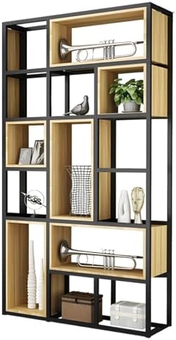 Wood Industrial Cube Bookcase with Shelves & Open Back Iron Bookshelf Floor Steel & Wood Shelf Multi-Layer Shelf Storage Rack Office Partition Display Rack Natural 47.2" L x 9.8" W x 94.5" H