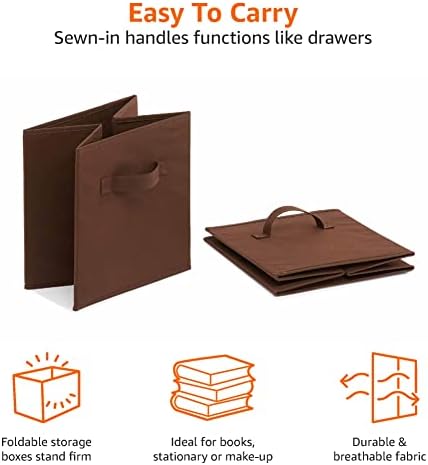 Amazon Basics Collapsible Fabric Storage Bins with Handles, Cube Organizer, Lightweight Fabric, 10.5"x10.5"x11", Brown, 6-Pack