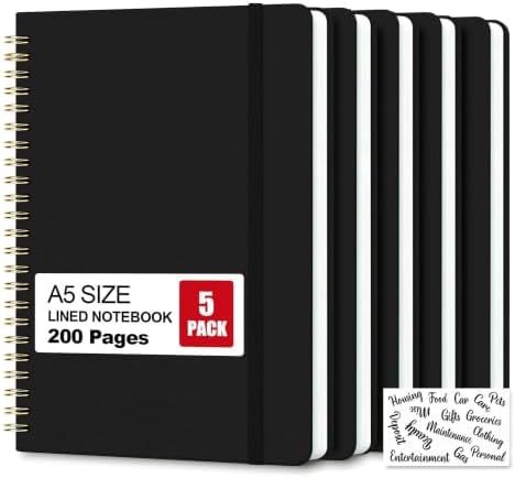 5 Pack Hardcover Spiral Notebooks, 8.3" x 6.3" Lined Journal Set, 100 GSM Bleed-Resistant Paper, 200 Pages Twin-Wire Bound Notebook with Elastic Band & Category Stickers for Office, School