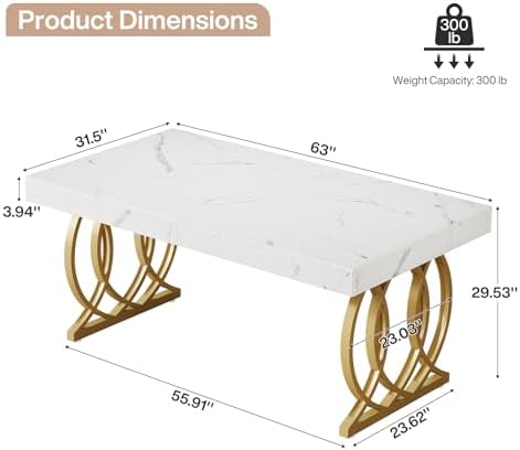 Tribesigns 63-Inch Executive Desk, Modern Office Computer Desk with Stylish Gold Legs, Rectangular Workstation for Home Office, Small Conference Table for Meeting Room (White & Gold)