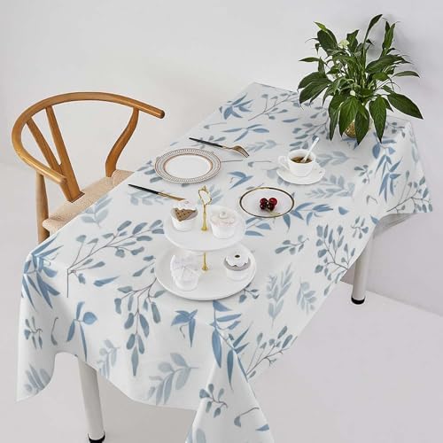 Blue Leaves Tablecloth, Summer Light Blue White Grey Leaves Fern Forest Herbs Plants Print Table Cloth for Indoor Outdoor Dining Table Party Picnic Decor 55x75in