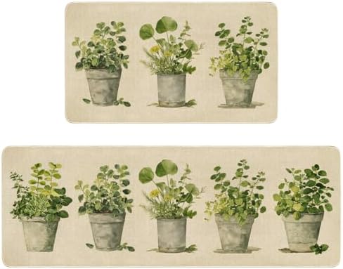 Spring Summer Farmhouse Kitchen Rugs and Mats Set of 2,French Herbs Wildflowers Flowers Floral Plants Non Slip Washable Floor Sink Mats Decorations for Home Kitchen 18"x48"+18"x30"
