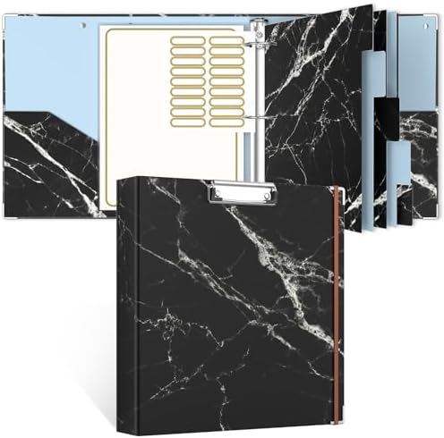 Rouidr 3 Ring Binder, 2 Inch Round Ring Binder Organizer with Clipboard, 5 Dividers Tabs, A4 8.5 x 11 Inch Paper & Clear Sleeves for School, Office Supplies, Black Textured Marble