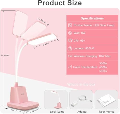 LED Desk Lamp with 10W Wireless Charging & Pen Holder, Pink
