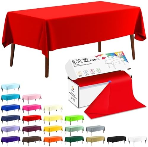 CXPSINC 54 Inch X 300 Feet Plastic Table Cover Roll Disposable Tablecloth with Slide Cutter for All Type/Shape Tables | Party, Banquet, Birthdays, Weddings(Red, 300 Feet)