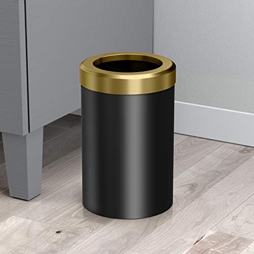 Gatco Small Bathroom Trash Can with Lid, Round 3 Gallon Stainless Steel Wastebasket, Under Sink, Matte Black and Brushed Brass, for Bathroom, Bedroom, Office (1930)