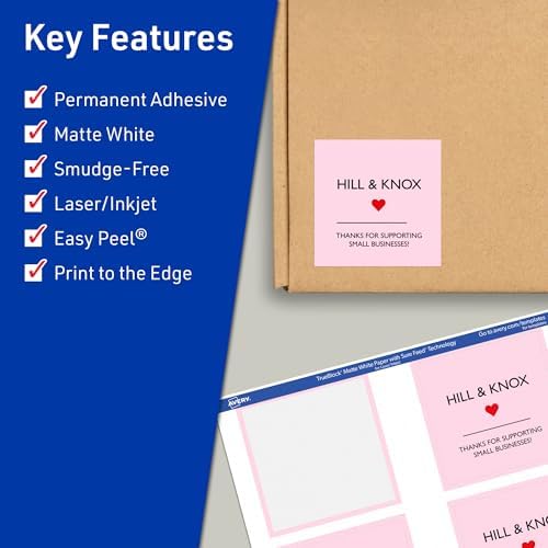 Avery TrueBlock Matte White Square Labels, Sure Feed Technology, 3" x 3", 60 Matte White Labels, Print-to-The-Edge, Laser/Inkjet Printable, Great for Packaging and Product Merchandising