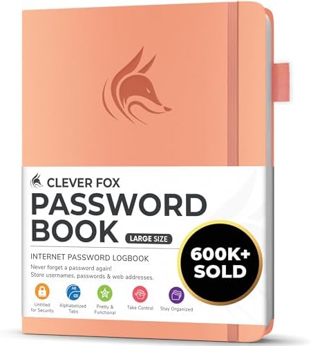 Clever Fox Password Book with Alphabetical Tabs, 7"x10" Keeper Peach Pink