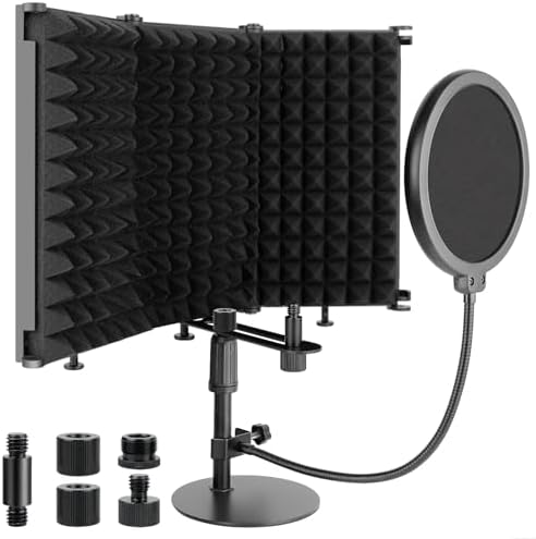 Microphone Isolation Shield, 3 Panels Sound Proof Mic Shield with Mic Stand and Pop Filter, High Density Absorbent Foam Mic Isolation Shield for Recording