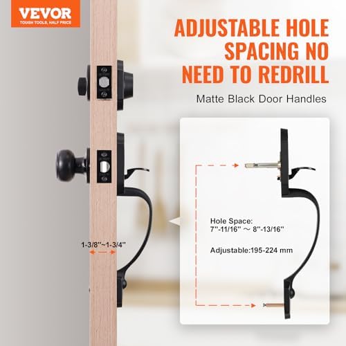 VEVOR Front Door Handle and Deadbolt Set, Matte Black Front Door Lock Set with Interior Knob, Adjustable Hole Spacing Single Cylinder Handleset, for Right and Left Handed Entrance and Front Door