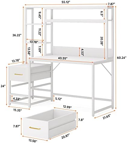 Tribesigns 55 Inch Computer Desk with 2 Drawers and Storage Shelves, Rustic Office Desk with Hutch, Study Writing Gaming Table Laptop Workstation for Home Office (White)