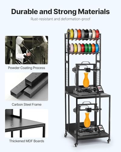 VEVOR 3D Printer Filament Storage Rack, 4-Tier 3D Printer Stand with Filament Storage, Spools Holder Racks Cart with Wheels, Filaments Organzied for 3D Printing Station, Office, Workshop (Shelf Only)