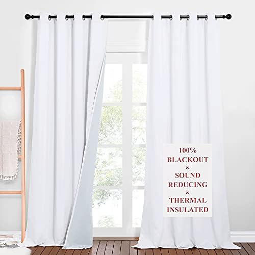NICETOWN Noise Dampening Curtains for Large Window, Separating Wall Divider, Energy Smart & Full Blackout Drapes for Patio Door Office, Thermal Insulated Guest Room Lined Curtains (White, 52" x 102")
